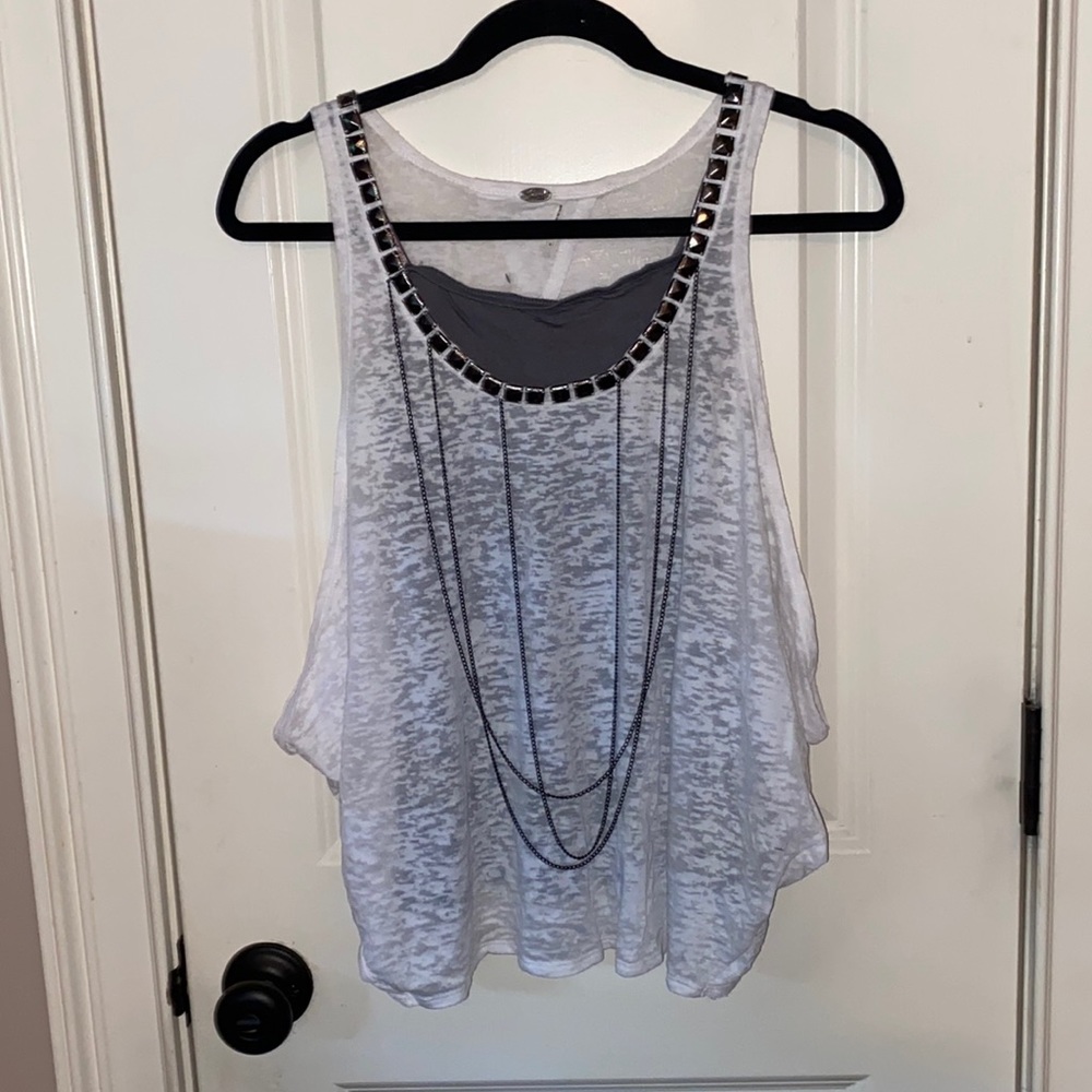 Guess white and grey tank top with front chains in a small.